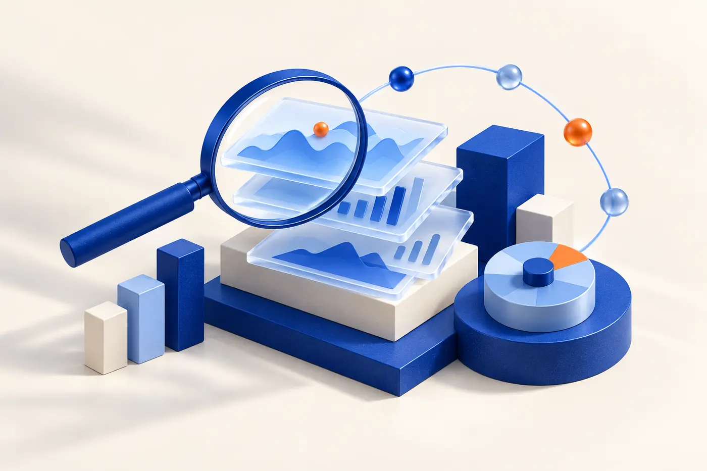 Magnifying lens, market signals and financial planning objects representing decision intelligence